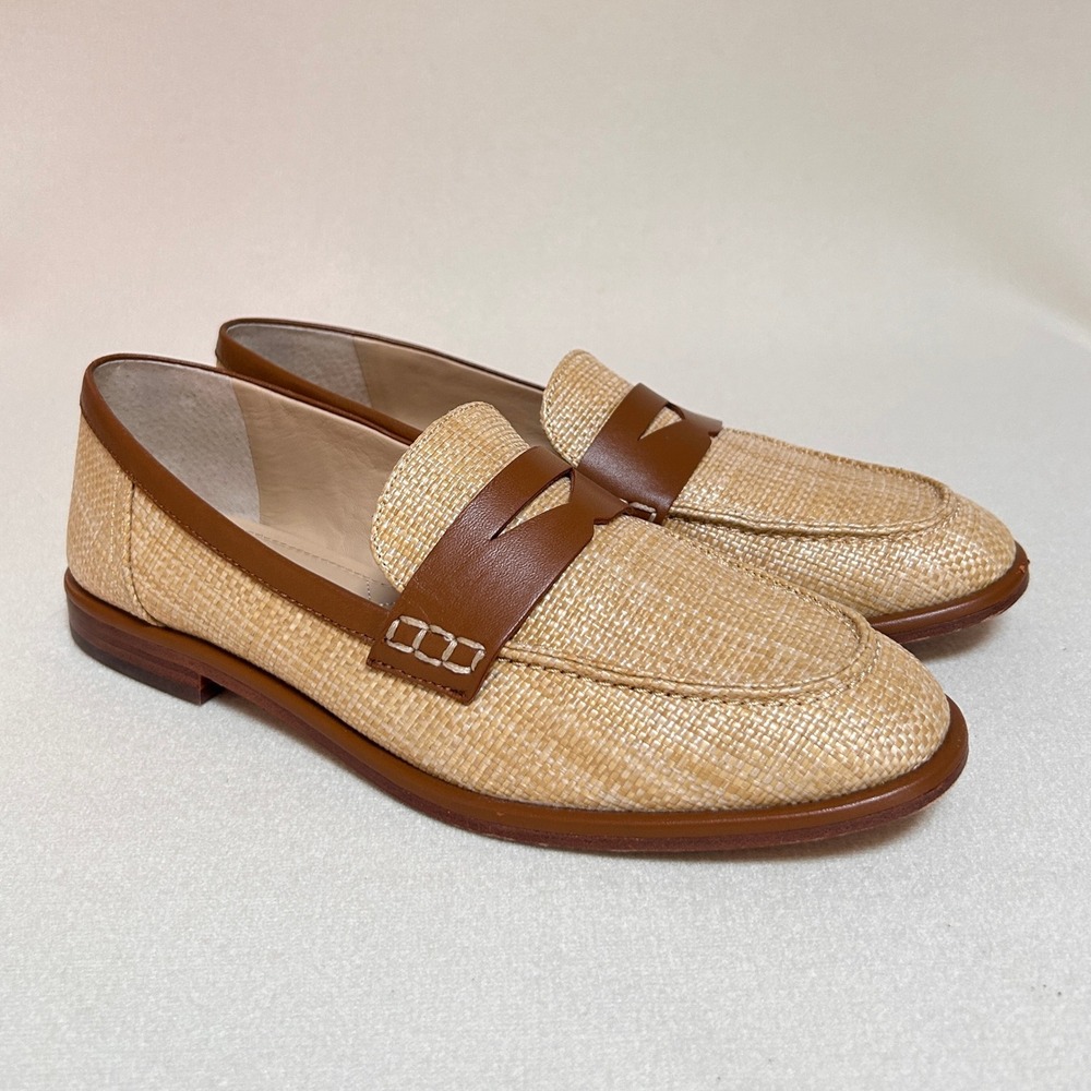 J.McLaughlin Raffia Penny Loafers 9M Tan Brown Leather Woven Slip On Shoes